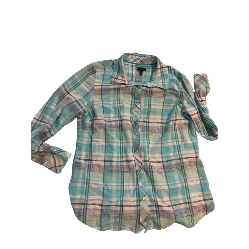 Talbots Button Down Shirt Classic‎ Turquoise Plaid Cotton Long Sleeve L